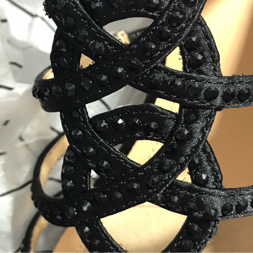 Alex Marie Giani Black Satin and Rhinestone Studded Strappy Sandals - Picture 9 of 16
